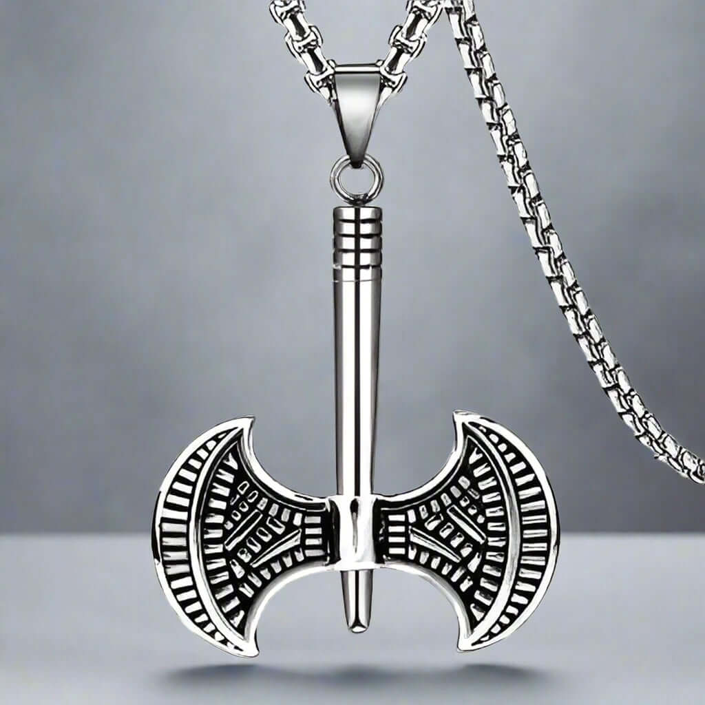 THE MEN THING SS Pendant/ Necklace TWIN SHARP AXE - Alloy Pendant with Stainless Steel 24inch Round Box Chain, American trending Style for Men & Boy