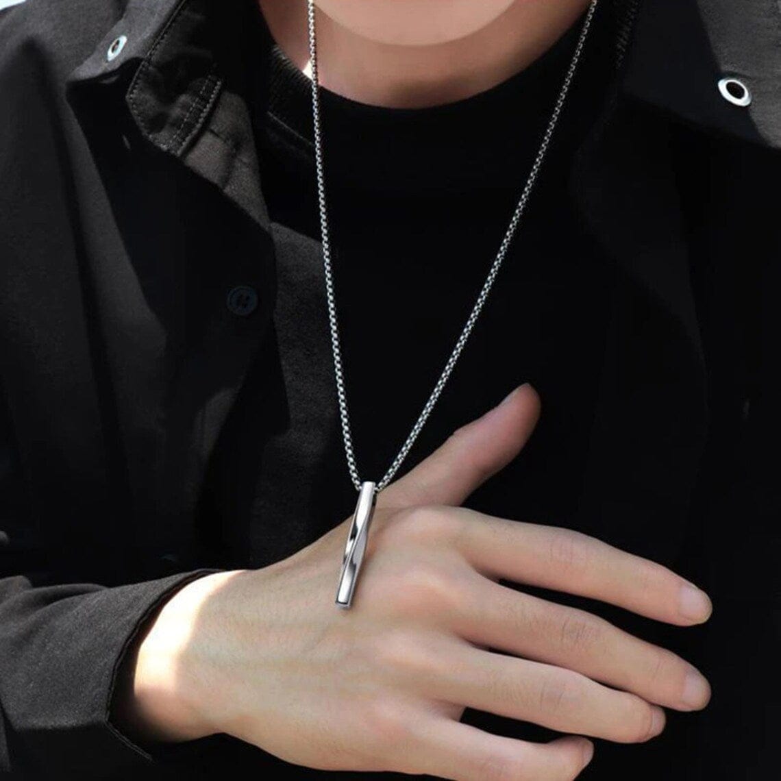 THE MEN THING SS Pendant/ Necklace TWISTED CUBOID VERTICAL BAR - Alloy Pendant with 24inch Round Box Chain, European trending Style for Men & Boys