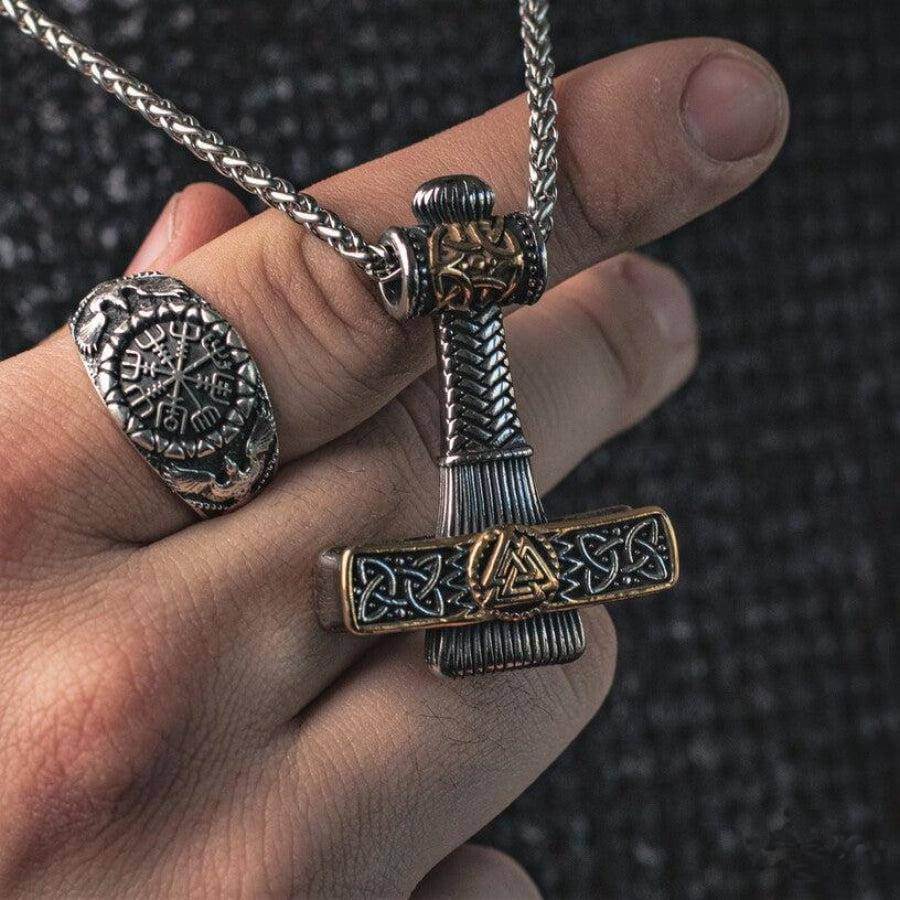 THE MEN THING SS Pendant/ Necklace VIKING NORDIC HAMMER GOLD - Pure Titanium Steel Necklace with 24 inch Chain for Men & Boys