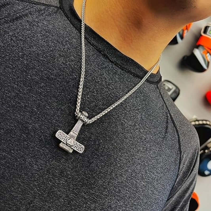 THE MEN THING SS Pendant/ Necklace VIKING NORDIC HAMMER SILVER - Pure Titanium Steel Necklace with 24 inch Chain for Men & Boys