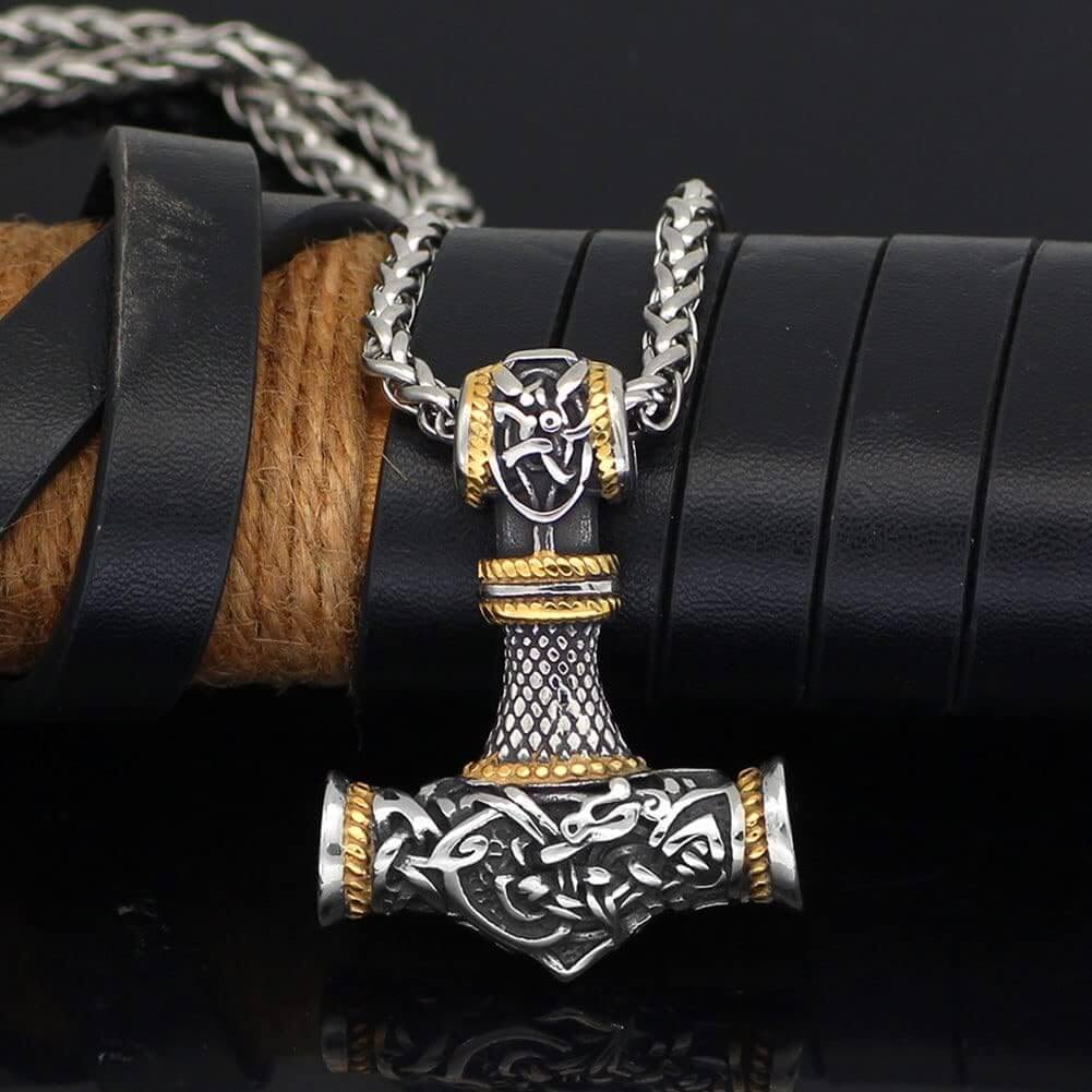 THE MEN THING SS Pendant/ Necklace VIKING NORSE GOD HAMMER GOLD - Pure Titanium Steel Necklace with 24 inch Chain for Men & Boys