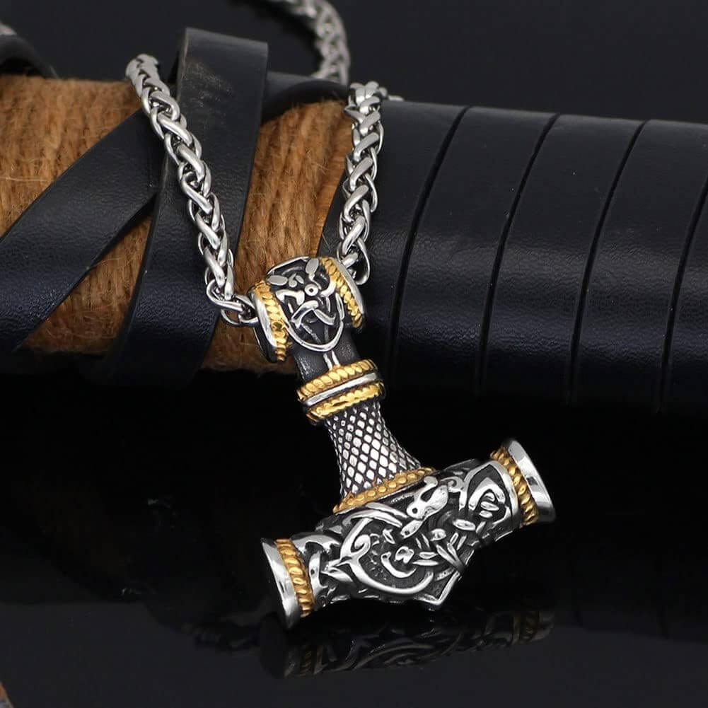THE MEN THING SS Pendant/ Necklace VIKING NORSE GOD HAMMER GOLD - Pure Titanium Steel Necklace with 24 inch Chain for Men & Boys