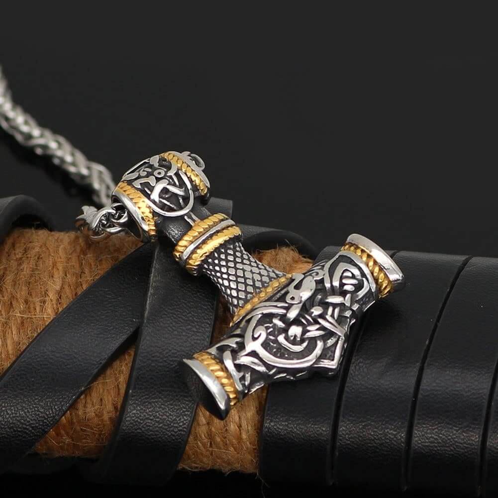 THE MEN THING SS Pendant/ Necklace VIKING NORSE GOD HAMMER GOLD - Pure Titanium Steel Necklace with 24 inch Chain for Men & Boys