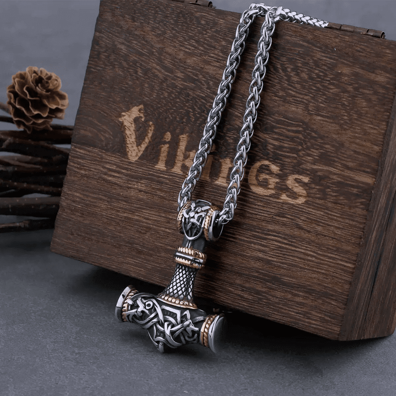 THE MEN THING SS Pendant/ Necklace VIKING NORSE GOD HAMMER GOLD - Pure Titanium Steel Necklace with 24 inch Chain for Men & Boys
