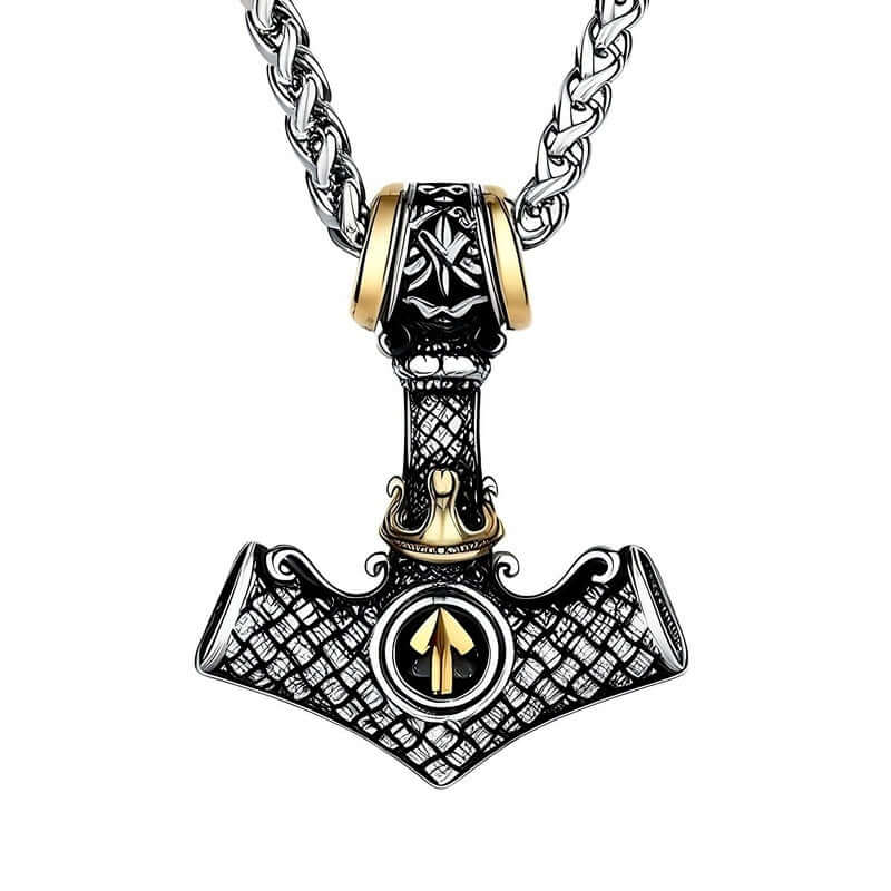 THE MEN THING SS Pendant/ Necklace VIKING NORSE MJOLNIR GOLD - Pure Titanium Steel Necklace with 24 inch Chain for Men & Boys