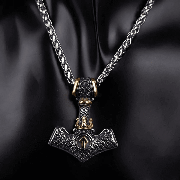 THE MEN THING SS Pendant/ Necklace VIKING NORSE MJOLNIR GOLD - Pure Titanium Steel Necklace with 24 inch Chain for Men & Boys