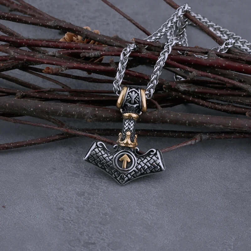 THE MEN THING SS Pendant/ Necklace VIKING NORSE MJOLNIR GOLD - Pure Titanium Steel Necklace with 24 inch Chain for Men & Boys