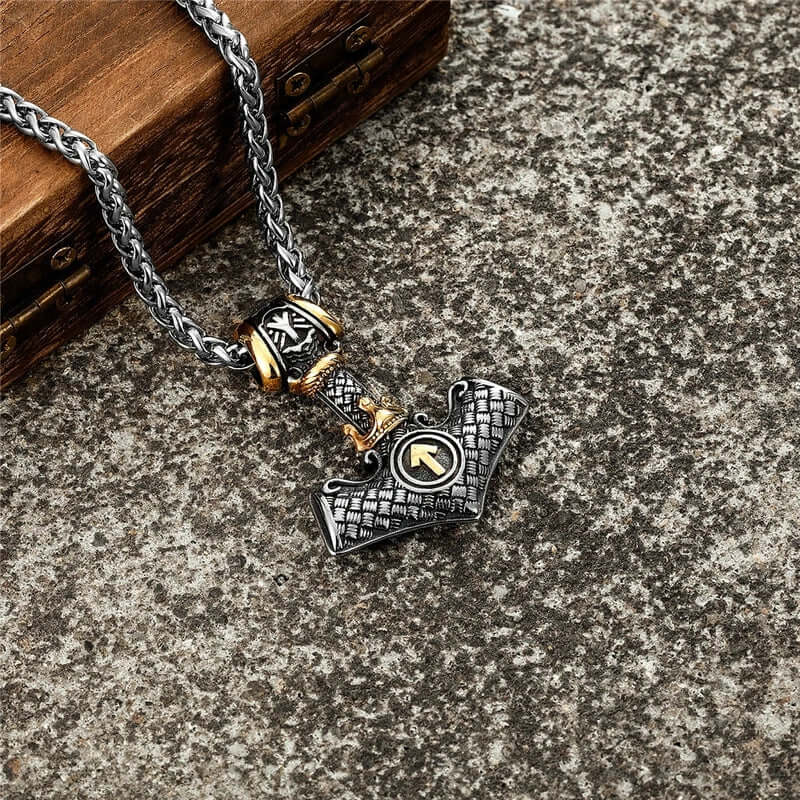 THE MEN THING SS Pendant/ Necklace VIKING NORSE MJOLNIR GOLD - Pure Titanium Steel Necklace with 24 inch Chain for Men & Boys