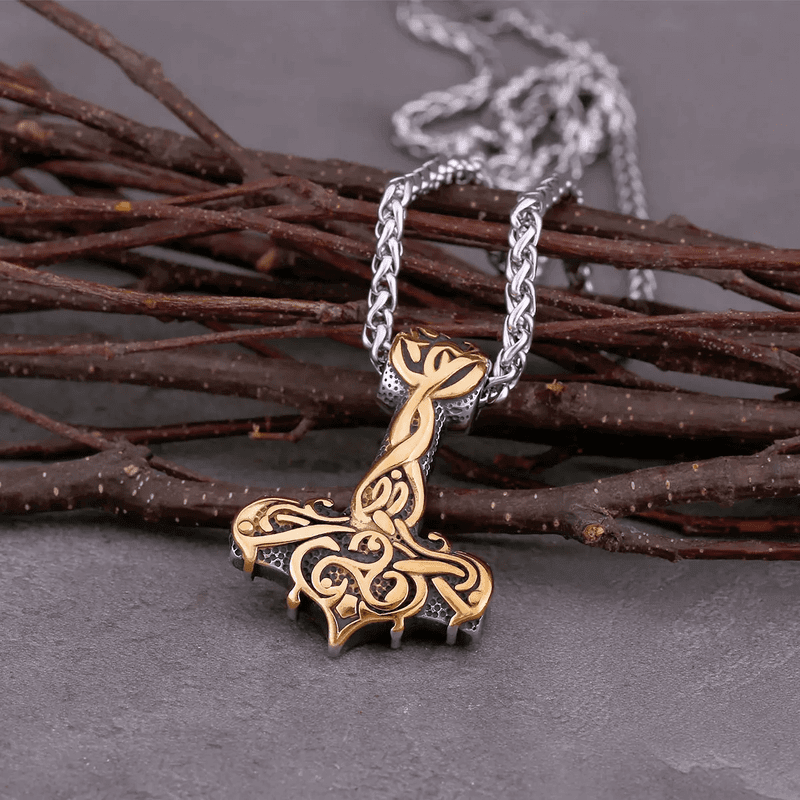 THE MEN THING SS Pendant/ Necklace VIKING RUNES THOR HAMMER GOLD - Pure Titanium Steel Necklace with 24 inch Chain for Men & Boys