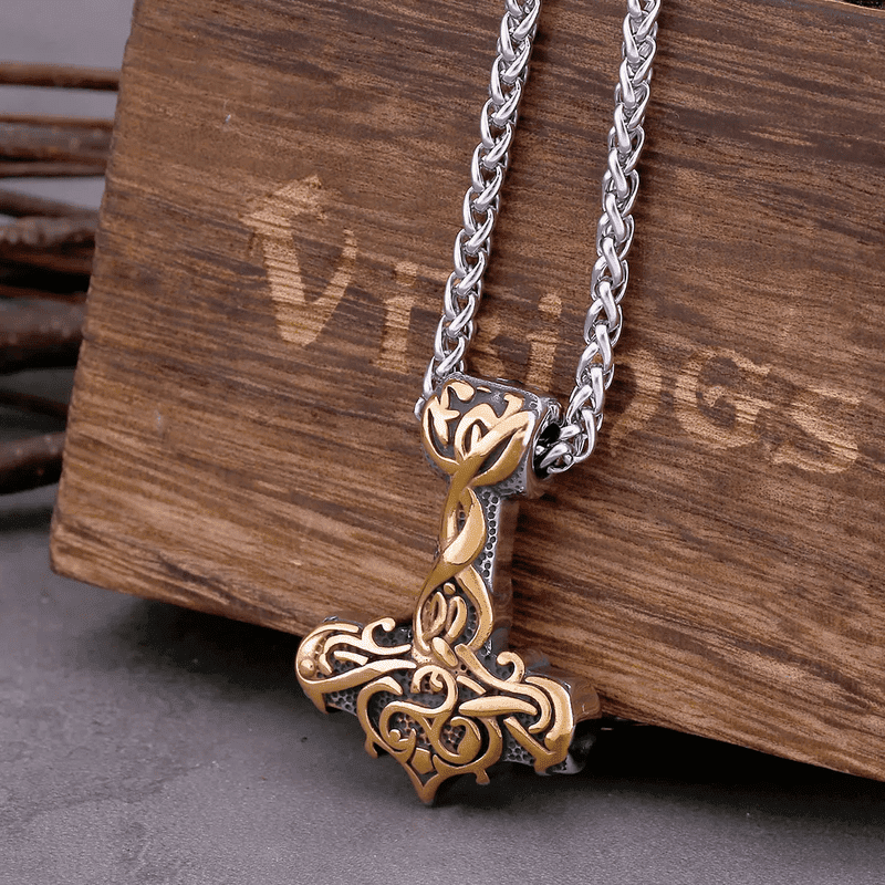 THE MEN THING SS Pendant/ Necklace VIKING RUNES THOR HAMMER GOLD - Pure Titanium Steel Necklace with 24 inch Chain for Men & Boys