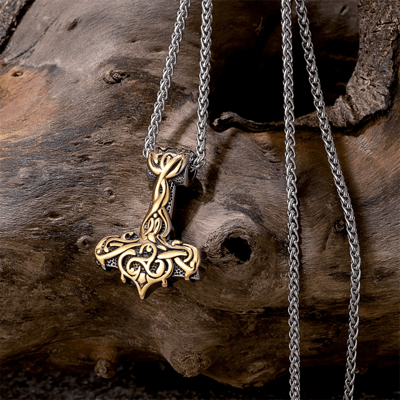 THE MEN THING SS Pendant/ Necklace VIKING RUNES THOR HAMMER GOLD - Pure Titanium Steel Necklace with 24 inch Chain for Men & Boys