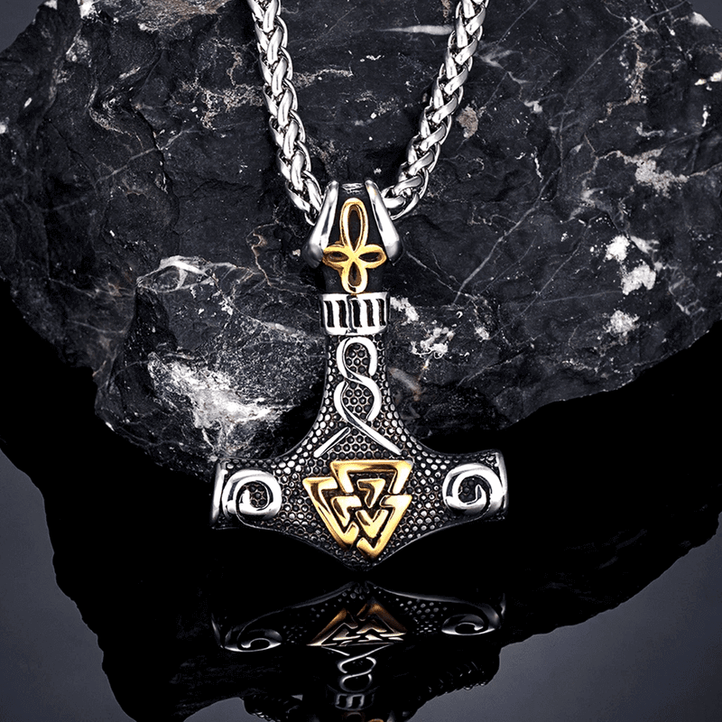THE MEN THING SS Pendant/ Necklace VIKING THOR HAMMER VALKNUT GOLD - Pure Titanium Steel Necklace with 24 inch Chain for Men & Boys
