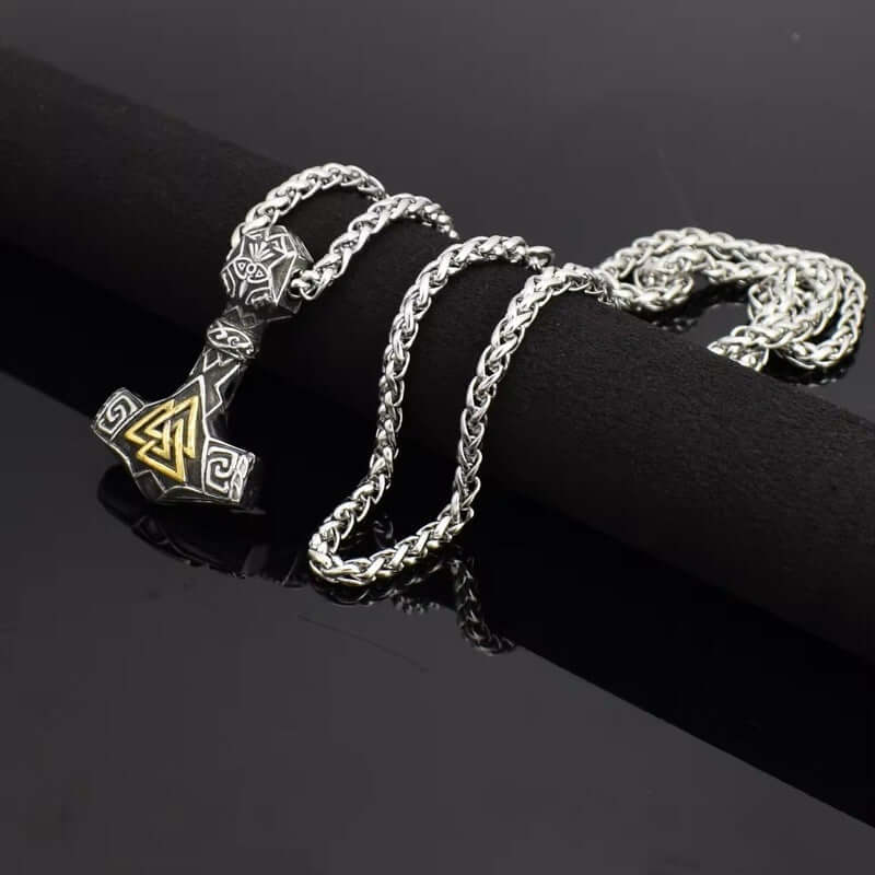 THE MEN THING SS Pendant/ Necklace VIKING THOR HAMMER VALKNUT GOLD - Pure Titanium Steel Necklace with 24 inch Chain for Men & Boys