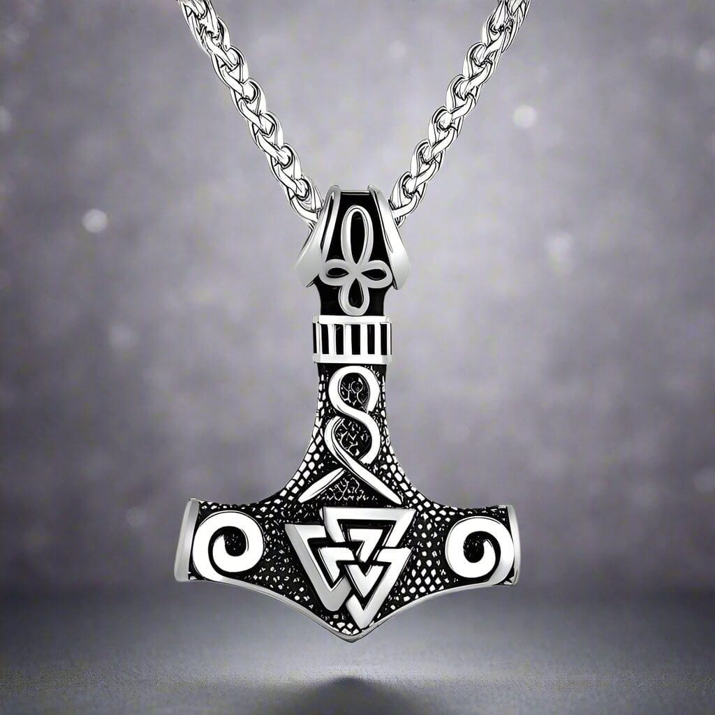 THE MEN THING SS Pendant/ Necklace VIKING THOR HAMMER VALKNUT SILVER - Pure Titanium Steel Necklace with 24 inch Chain for Men & Boys