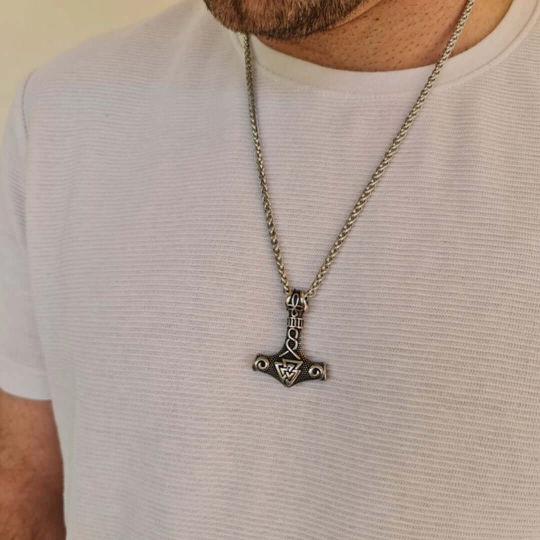 THE MEN THING SS Pendant/ Necklace VIKING THOR HAMMER VALKNUT SILVER - Pure Titanium Steel Necklace with 24 inch Chain for Men & Boys