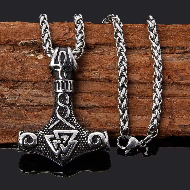 THE MEN THING SS Pendant/ Necklace VIKING THOR HAMMER VALKNUT SILVER - Pure Titanium Steel Necklace with 24 inch Chain for Men & Boys