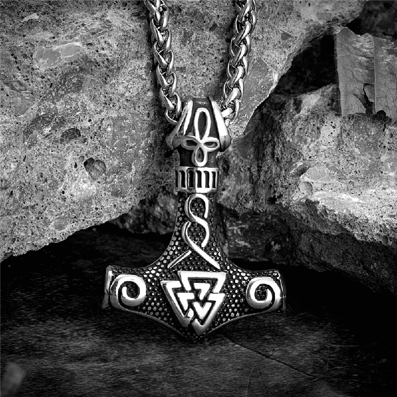 THE MEN THING SS Pendant/ Necklace VIKING THOR HAMMER VALKNUT SILVER - Pure Titanium Steel Necklace with 24 inch Chain for Men & Boys