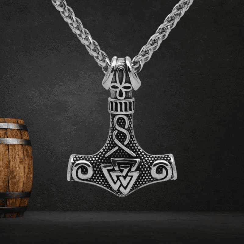 THE MEN THING SS Pendant/ Necklace VIKING THOR HAMMER VALKNUT SILVER - Pure Titanium Steel Necklace with 24 inch Chain for Men & Boys