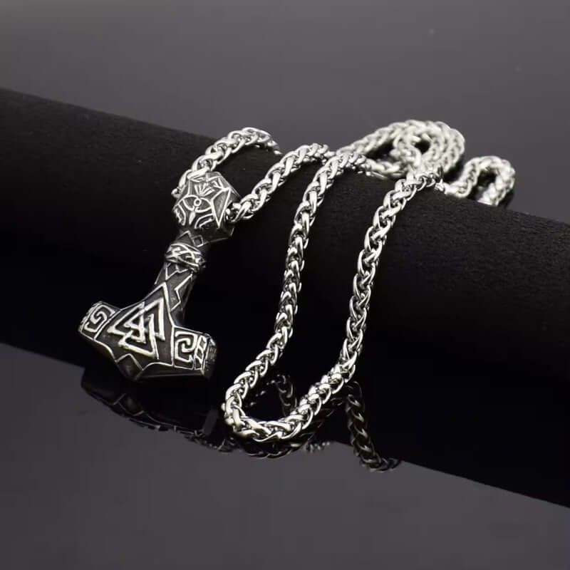 THE MEN THING SS Pendant/ Necklace VIKING THOR HAMMER VALKNUT SILVER - Pure Titanium Steel Necklace with 24 inch Chain for Men & Boys