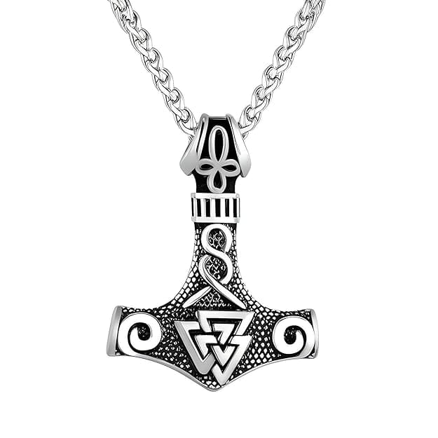 THE MEN THING SS Pendant/ Necklace VIKING THOR HAMMER VALKNUT SILVER - Pure Titanium Steel Necklace with 24 inch Chain for Men & Boys
