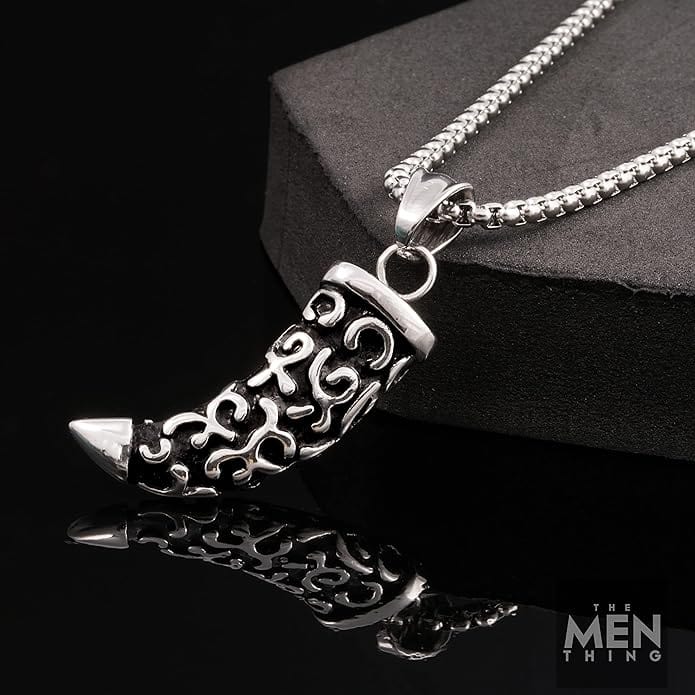 THE MEN THING SS Pendant/ Necklace WOLF TOOTH - Pure Titanium Steel Pendant with 24inch Round Box Chain for Men & Boys