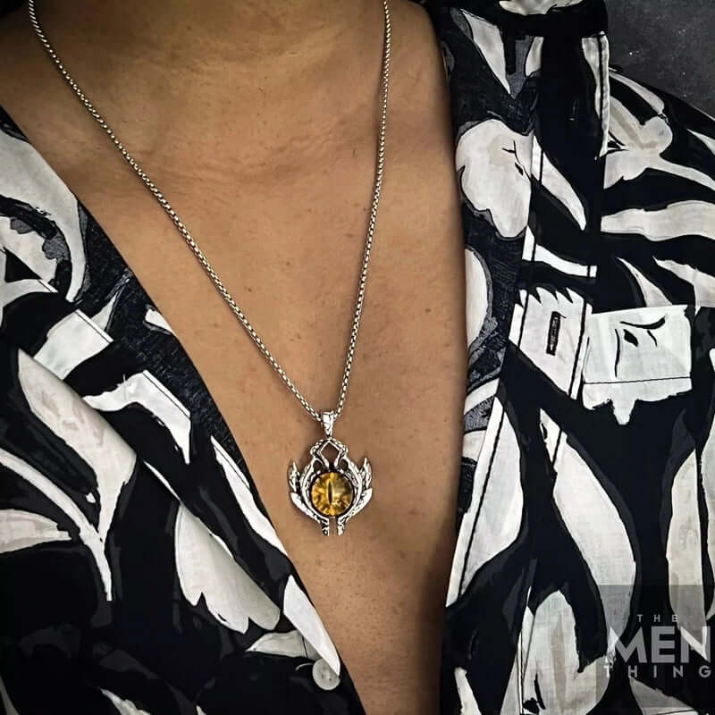 THE MEN THING SS Pendant/ Necklace YELLOW EYE PROTECT - Alloy Pendant with Stainless Steel 24inch Round Box Chain, European trending Style for Men & Boy