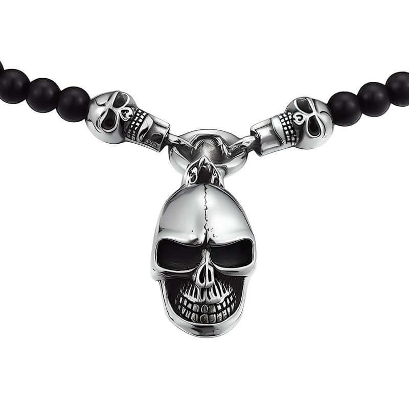 THE MEN THING SS Pendant with Chain GOTHIC SKULL - Premium Titanium Steel Pendant - 8mm Black Natural Onyx Beads - 24inch Chain for Men & Boys