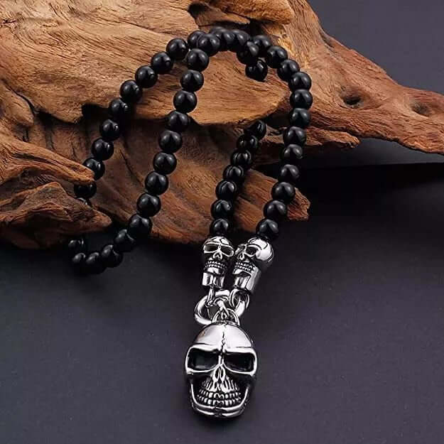 THE MEN THING SS Pendant with Chain GOTHIC SKULL - Premium Titanium Steel Pendant - 8mm Black Natural Onyx Beads - 24inch Chain for Men & Boys