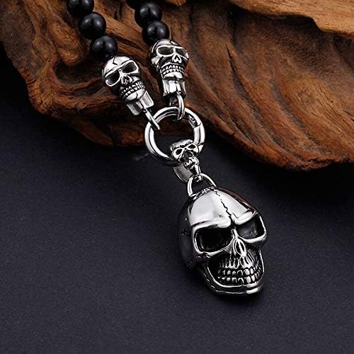 THE MEN THING SS Pendant with Chain GOTHIC SKULL - Premium Titanium Steel Pendant - 8mm Black Natural Onyx Beads - 24inch Chain for Men & Boys