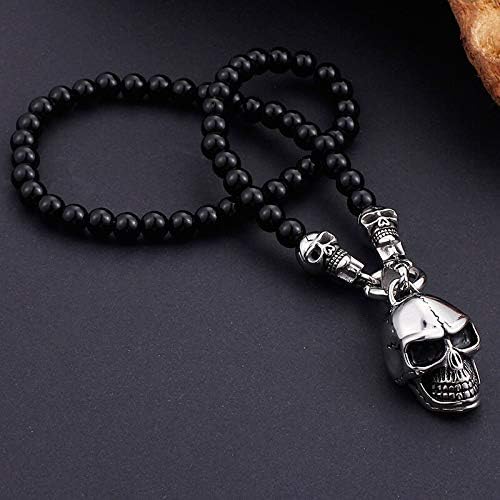 THE MEN THING SS Pendant with Chain GOTHIC SKULL - Premium Titanium Steel Pendant - 8mm Black Natural Onyx Beads - 24inch Chain for Men & Boys