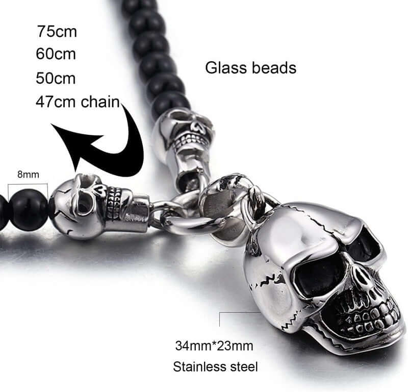 THE MEN THING SS Pendant with Chain GOTHIC SKULL - Premium Titanium Steel Pendant - 8mm Black Natural Onyx Beads - 24inch Chain for Men & Boys