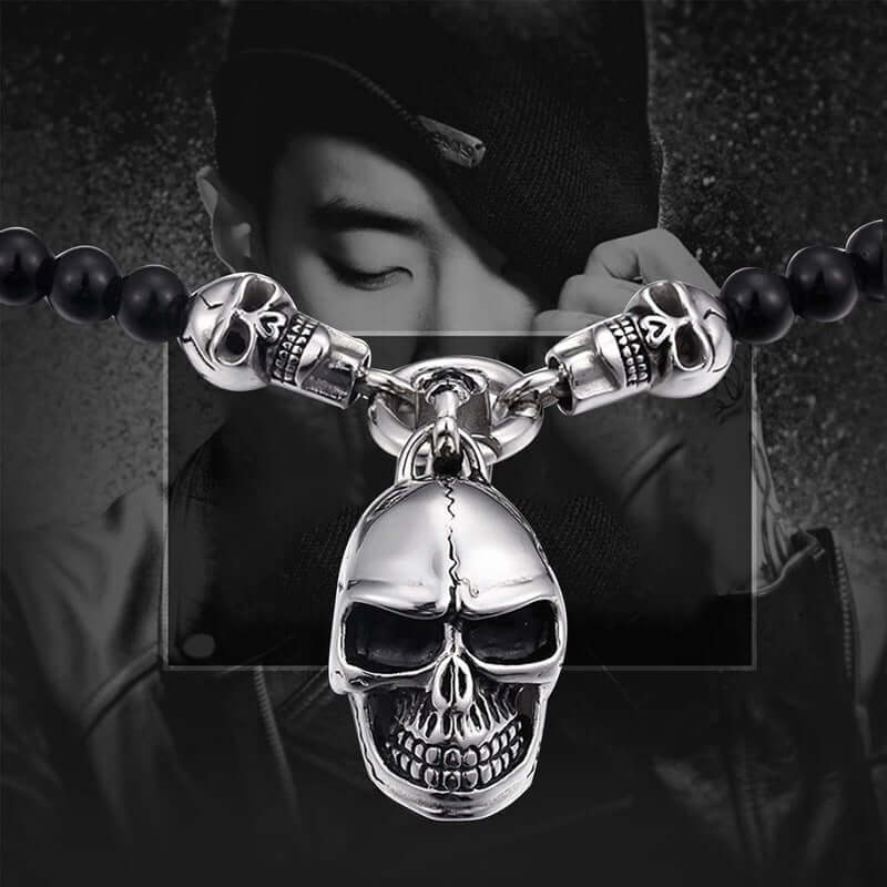 THE MEN THING SS Pendant with Chain GOTHIC SKULL - Premium Titanium Steel Pendant - 8mm Black Natural Onyx Beads - 24inch Chain for Men & Boys