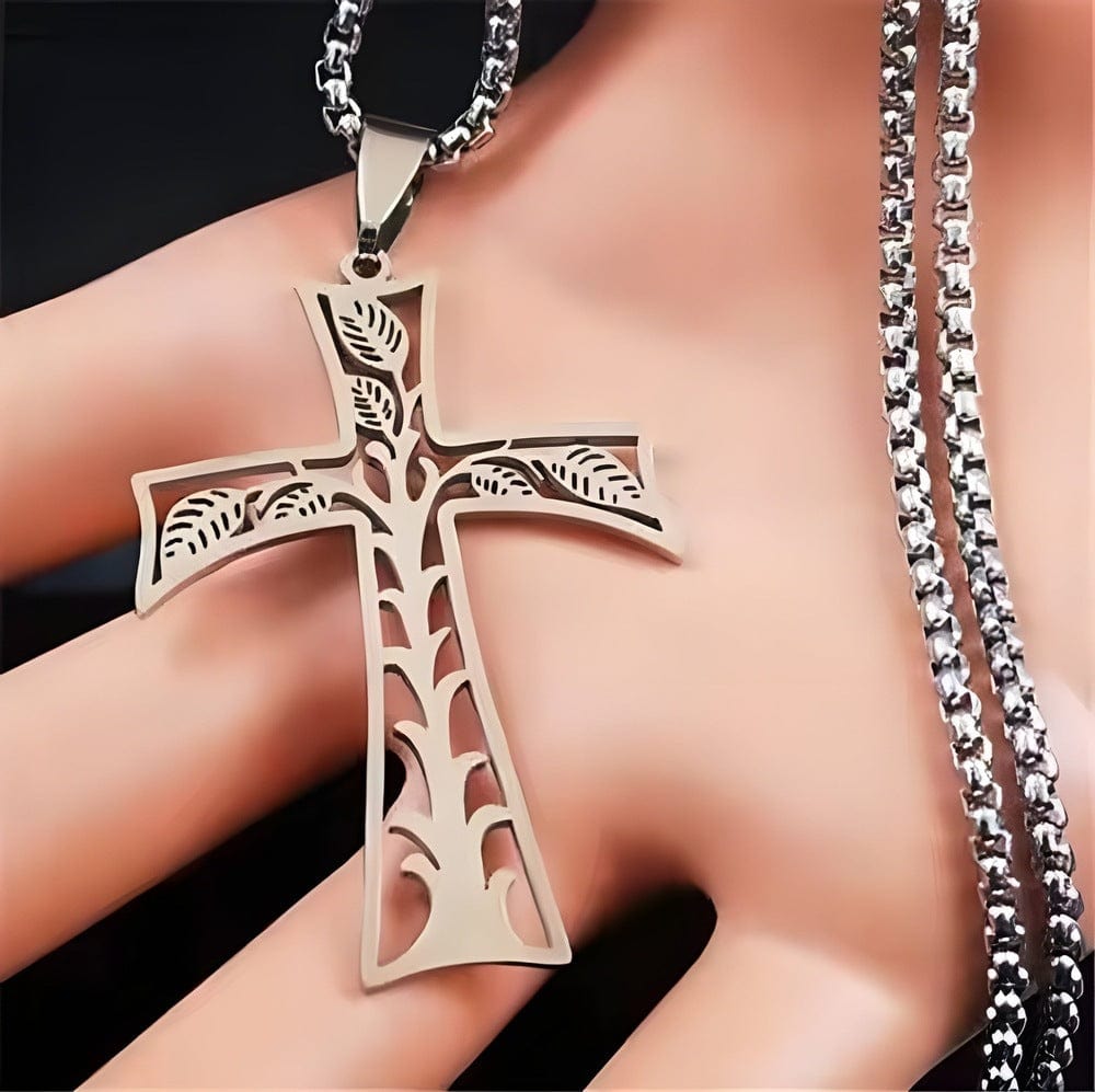 THE MEN THING SS Pendant with Chain LEAFLINE CRUCIFIX - 24inch Pure Stainless Steel Round box Chain for Men, European trending Style for Men & Boy