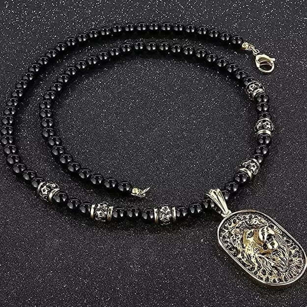 THE MEN THING SS Pendant with Chain WARRIOR NECKWEAR - Pure Titanium Steel Lion Head Shield 18K Pvd Gold Plated Necklace with 8mm Black Onyx Beads 27inch Chain for Men & Boys