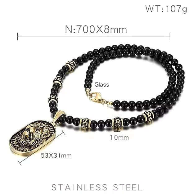 THE MEN THING SS Pendant with Chain WARRIOR NECKWEAR - Pure Titanium Steel Lion Head Shield 18K Pvd Gold Plated Necklace with 8mm Black Onyx Beads 27inch Chain for Men & Boys