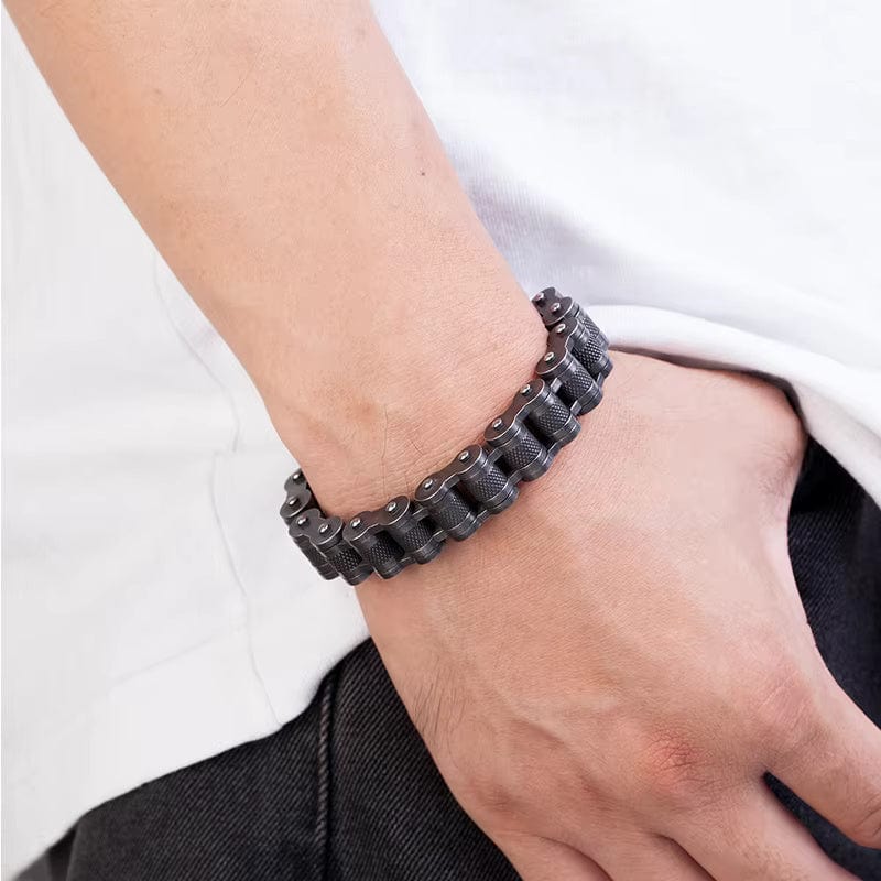 THE MEN THING Steel Bracelets BIKER CHAIN BRACELET - 13mm Pure Titanium Steel Bracelet, Black Plated Antique Matt Finish Bracelet for Men & Boy (8inch)