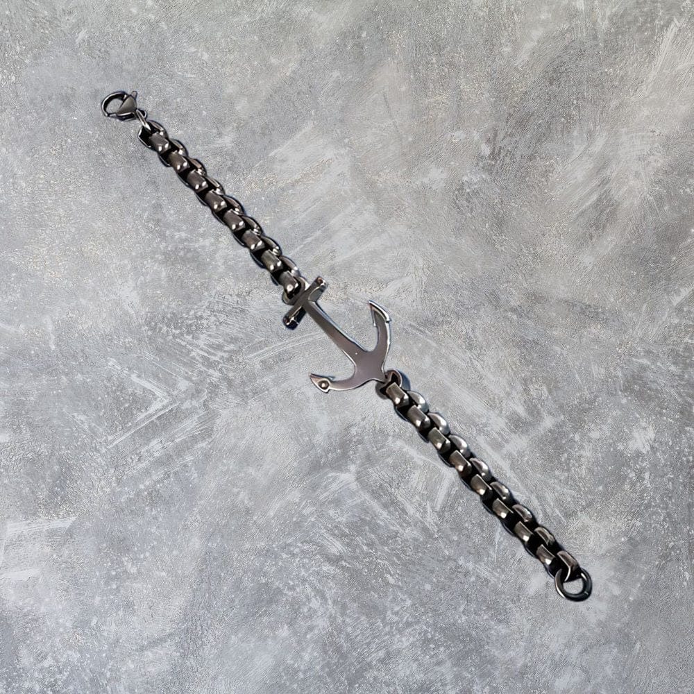 THE MEN THING Steel Bracelets BLACK ANCHOR BOLD BRACELET - 8mm Pure Black Titanium Stainless Steel Bracelet, Black Chain Bracelet for Men & Boy (8inch)