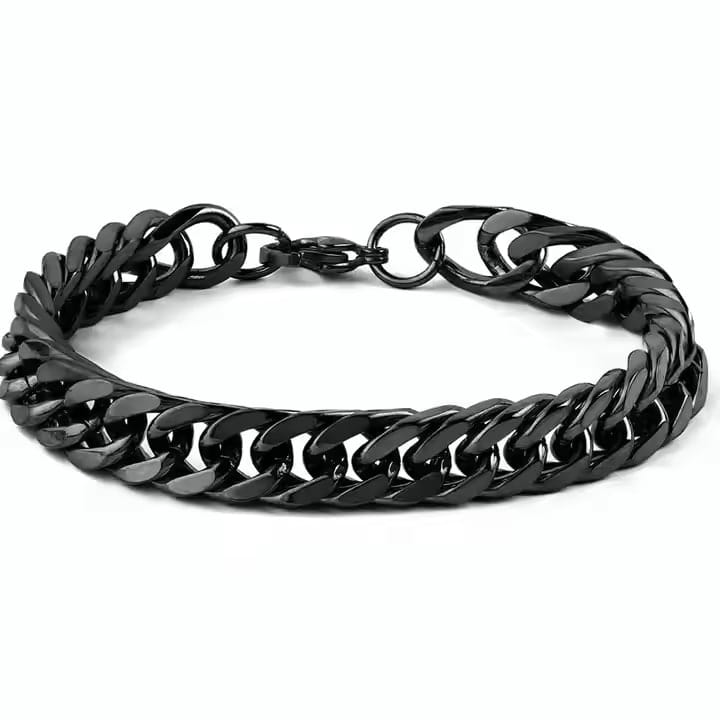 THE MEN THING Steel Bracelets BLACK STEEL UBAN BRACELET - 10mm Pure Black Titanium Steel Bracelet with Magnetic Buckle for Men & Boy (8 inch)