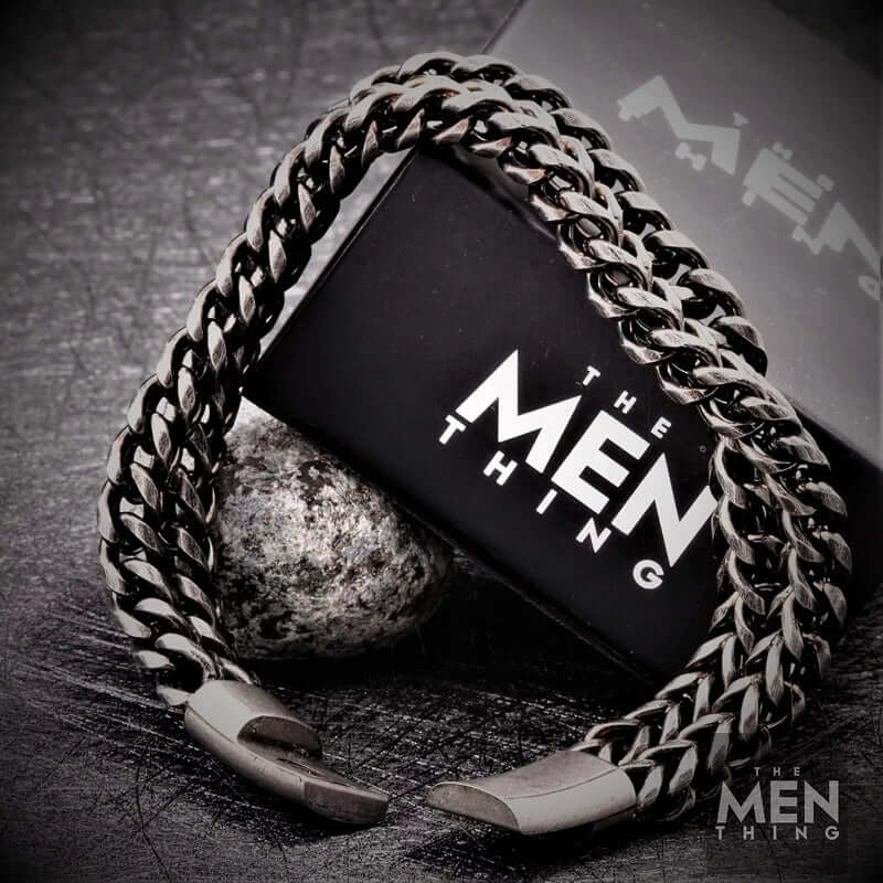 THE MEN THING Steel Bracelets DOUBLE FRANCO LINK - 12mm Pure Titanium Steel Bracelet, Biker Punk Style Bracelet for Men & Boy (8 inch)