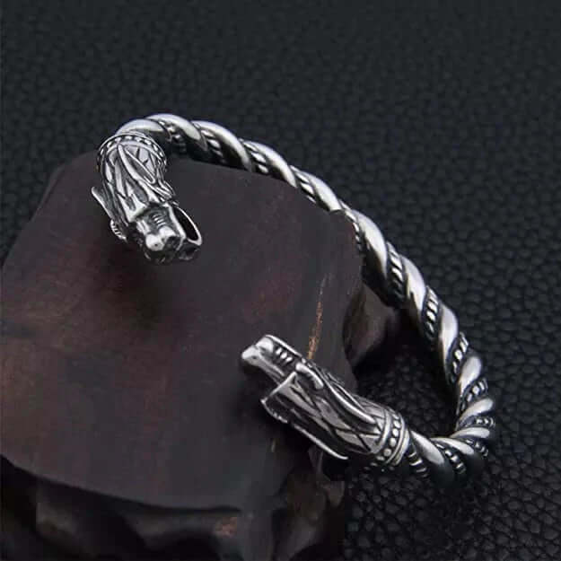 THE MEN THING Steel Bracelets DRAGRONIX - Titanium Bracelet for Men - Norse God Odin Wolf Heads for Men & Boys