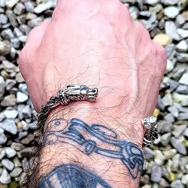 THE MEN THING Steel Bracelets DRAGRONIX - Titanium Bracelet for Men - Norse God Odin Wolf Heads for Men & Boys