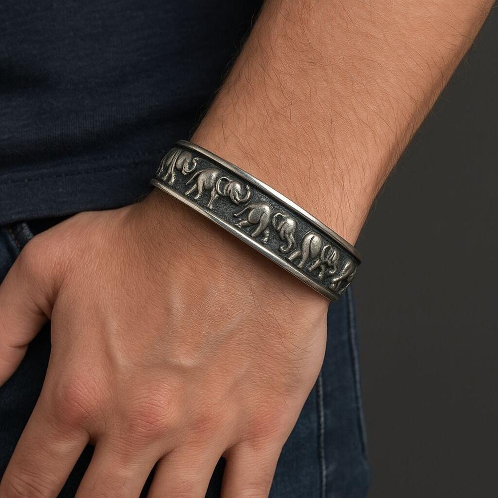 THE MEN THING Steel Bracelets ELEPHANT GRACE - Pure Stainless Steel Open Bangle Bracelet (Adjustable) for Men & Boys