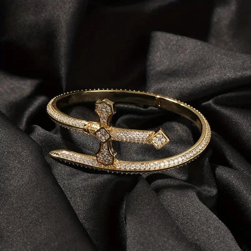 THE MEN THING Steel Bracelets JUSTICE SWORD GOLD - "7"mm Alloy Bracelet With Faux Diamonds for Men & Boys (8 inch)