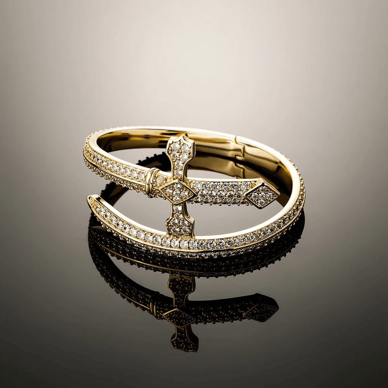 THE MEN THING Steel Bracelets JUSTICE SWORD GOLD - "7"mm Alloy Bracelet With Faux Diamonds for Men & Boys (8 inch)