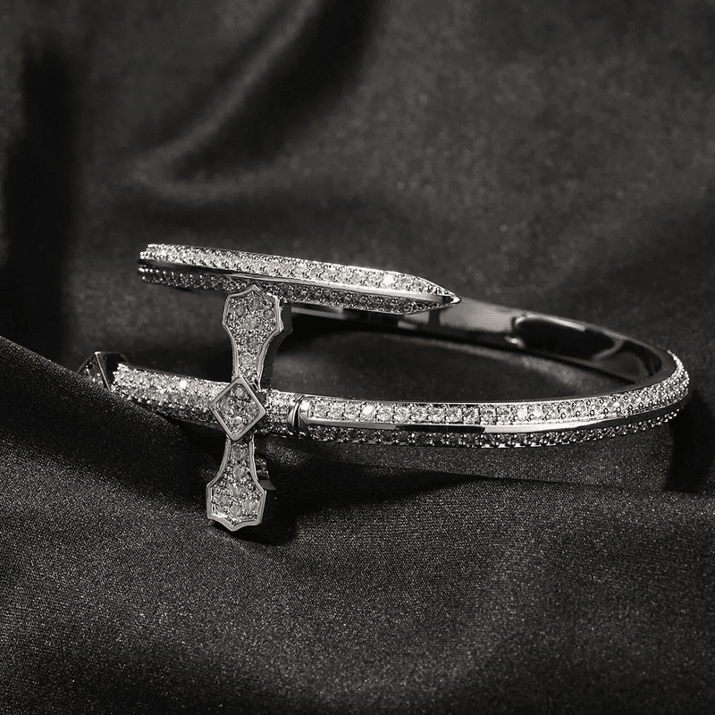 THE MEN THING Steel Bracelets JUSTICE SWORD Silver - "7"mm Alloy Bracelet With Faux Diamonds for Men & Boys (8 inch)