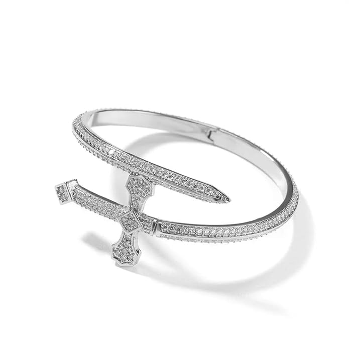 THE MEN THING Steel Bracelets JUSTICE SWORD Silver - "7"mm Alloy Bracelet With Faux Diamonds for Men & Boys (8 inch)