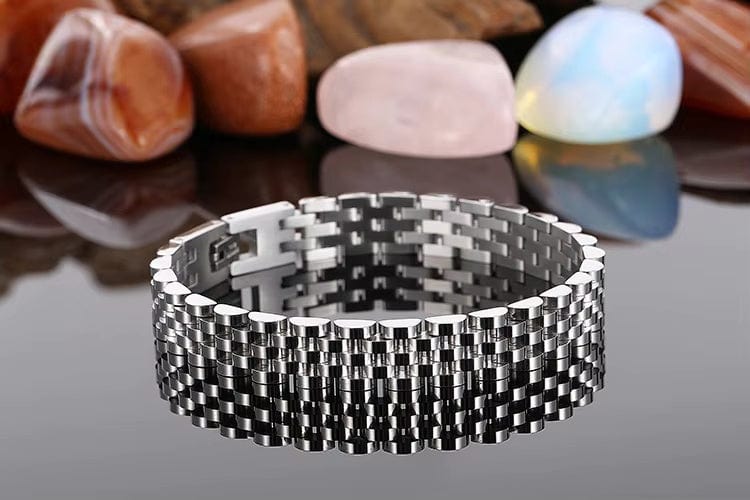 THE MEN THING Steel Bracelets SILVER GRID BRACELET - 8mm Pure Silver Titanium Stainless Steel Bracelet, Silver Chain Bracelet for Men & Boy (8inch)