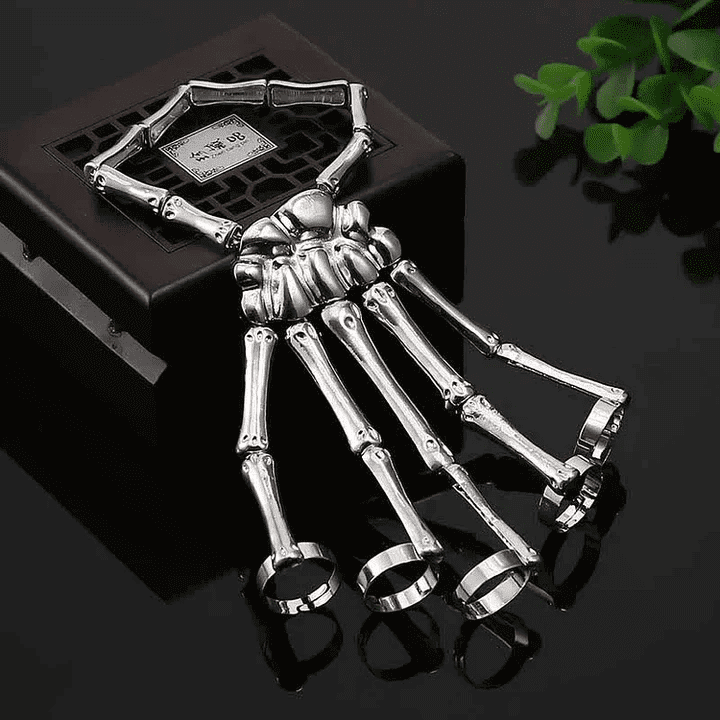 THE MEN THING Steel Bracelets SKELETON HAND - Full Hand Skeleton Bracelet with Ring Metal Elasticity Adjustable for Men & Boys
