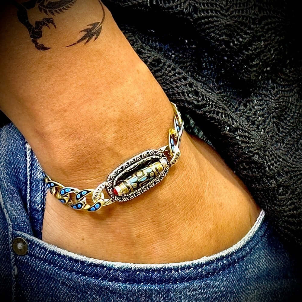 THE MEN THING Steel Bracelets TURQUOISE NINE-EYED DZI - 12mm Pure Copper Bracelet with Box Clasp for Men & Boys (8 inch)