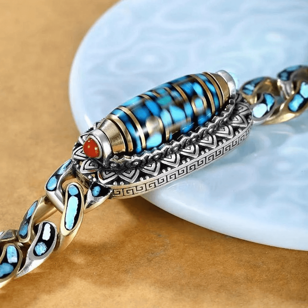 THE MEN THING Steel Bracelets TURQUOISE NINE-EYED DZI - 12mm Pure Copper Bracelet with Box Clasp for Men & Boys (8 inch)